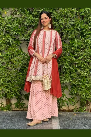 Janasya Georgette Digital Floral Printed Kurta with Sharara and Dupatta