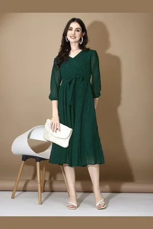 Corsica Women Printed Puff Sleeves Fit and Flare Tie-Ups Midi Dress