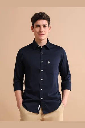 U.S. Polo Assn. Men Navy Blue Solid Pure Cotton Tailored Satin Shirt