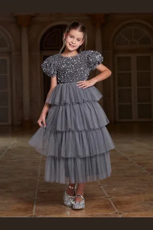 BAESD Girls Embellished Puff Sleeve Layered Net Fit and Flare Maxi Dress