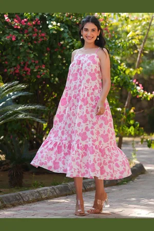 Janasya Women Pink Pure Cotton Abstract Printed Tiered Dress