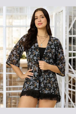 Azira Floral Printed Tasselled Open Front Georgette Shrug