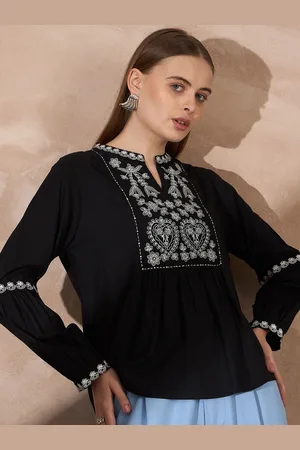 all about you Women Embroidered Mandarin Collar Bishop Sleeves Top