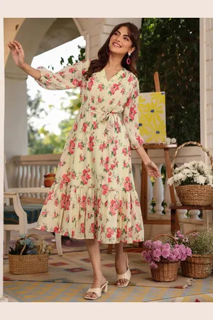 Janasya Women Light Yellow Georgette Floral Printed Fit & Flare Dress