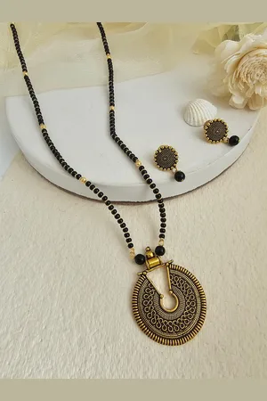 Binnis Wardrobe Black & Gold-Plated German Silver Mangalsutra & Earrings Set
