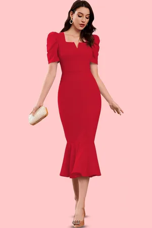 Moda Rapido Women Puff Sleeve Sheath Midi Dress