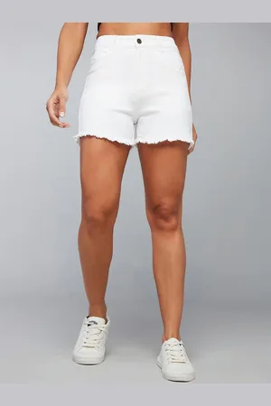 DOLCE CRUDO Women High-Rise Above Knee Frayed Denim Shorts