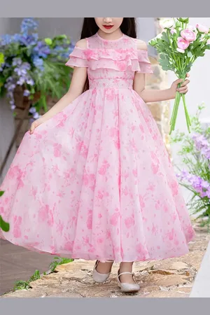 BAESD Girls Floral Printed Ruffled Satin Maxi Dress