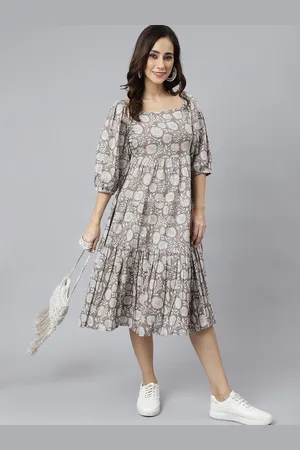 Janasya Floral Print Puff Sleeve Pure Cotton Fit & Flare Dress