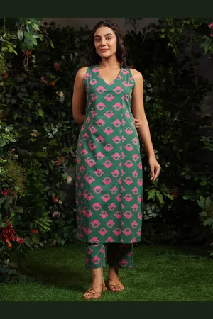 anayna Floral Printed V-Neck Straight Pure Cotton Kurta With Trousers