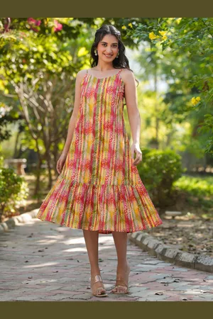 Janasya Women Multicolor Pure Cotton Floral Printed Tiered Dress