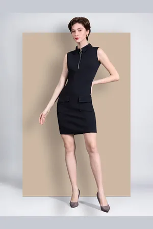 Chemistry Women Collared Sleeveless Polyester Solid Bodycon Knee-Long Work wear Dress