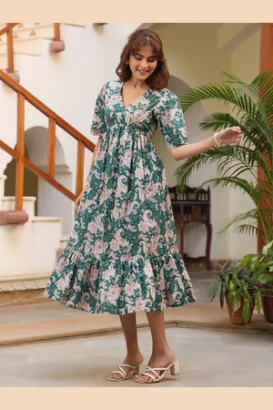 Janasya Women Green Pure Cotton Printed Floral Tiered Dress