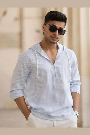 Powerlook Men Hood Vertical Striped Cotton Casual Shirt