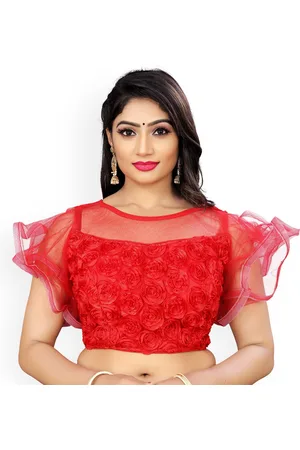 HERE&NOW Women Self Design Round Neck Net Frill Saree Blouse