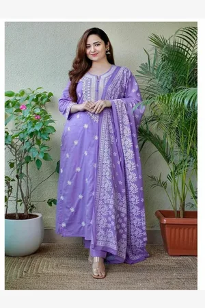 choiceit Floral Embroidered Thread Work Straight Kurta With Trouser And Dupatta