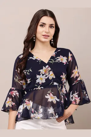 Raabta Fashion Women Floral Printed V-Neck Bell Sleeves Peplum Top