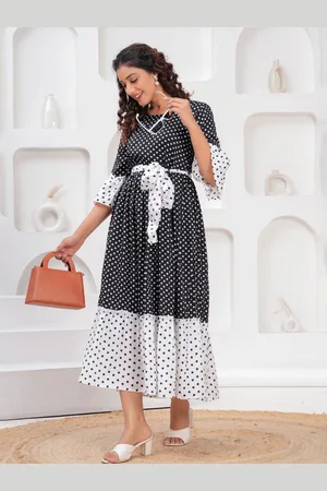 JC4U Women Polka Dots Bell Sleeves Fit & Flare Midi Dress