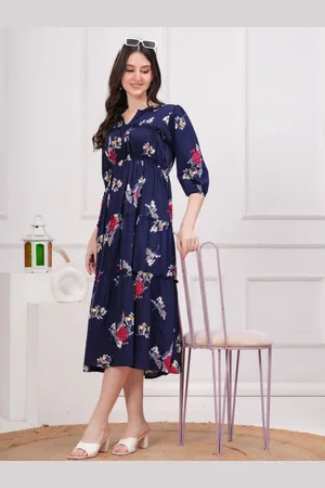 JC4U Women Floral Printed Mandarin Collar Fit & Flare Midi Dress