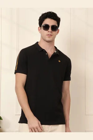 WROGN Men Black Slim Fit Polo Collar Cotton Pure Cotton T-shirt with Side Stripes