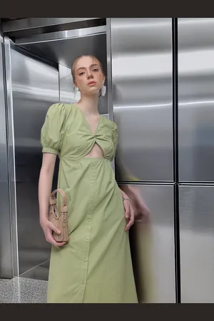 French Connection Puff Sleeves Cut-Outs Pure Cotton A-Line Midi Dress