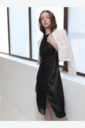 French Connection Checked Boat Neck Gathered or Pleated A-Line Midi Dress