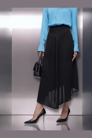 French Connection Asymmetric Hem Satin Finish A-line Midi Skirt