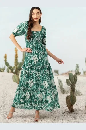 DressBerry Floral Print Puff Sleeves Smocked Tiered Maxi Dress