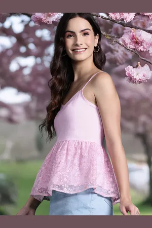DressBerry Floral Embroidered Smocked Back Net Peplum Top