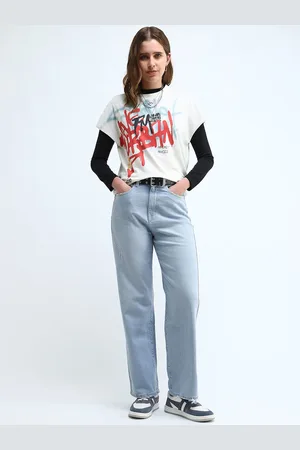 Flying Machine Women Straight Fit High-Rise Low Distress Light Fade Stretchable Jeans