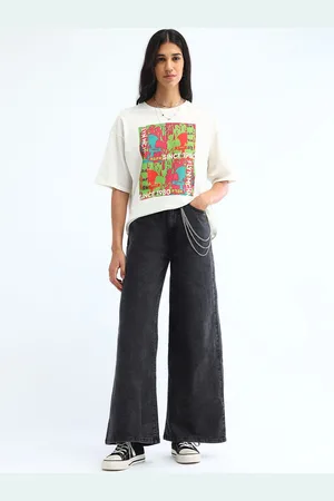 Flying Machine Women Wide Leg High-Rise Light Fade Stretchable Jeans