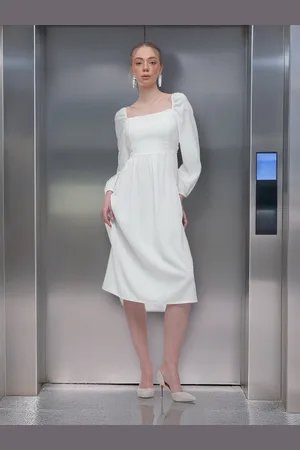 French Connection Square Neck Puff Sleeves Gathered or Pleated Smocked A-Line Midi Dress