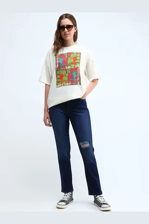 Flying Machine Women Straight Fit High-Rise Low Distress Light Fade Stretchable Jeans
