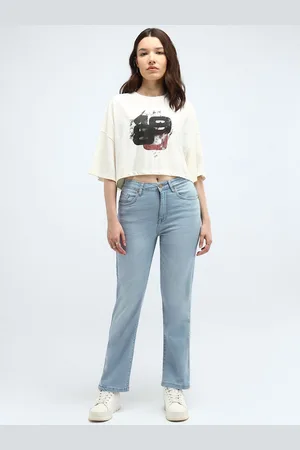Flying Machine Women Straight Fit High-Rise Cotton Light Fade Stretchable Jeans