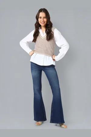 Flying Machine Women Ultra Wide Flared Mid-Rise Clean Look Light Fade Stretchable Jeans