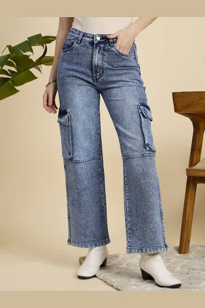Mast & Harbour Women Classic Straight Fit High-Rise Heavy Fade Cargo Styles Jeans