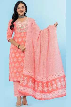 Amayra Amayra Floral Printed Notch Neck Pure Cotton Straight Kurta With Trousers & Dupatta