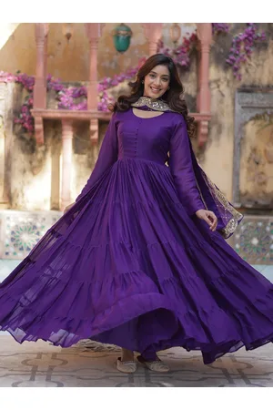 JATRIQQ Women Tiered Georgette Frill Ethnic Gown with Embroidered Dupatta