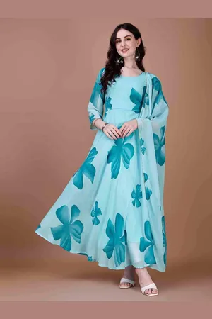 Femvy Women Floral Printed Fit & Flare Maxi Ethnic Dresses With Dupatta