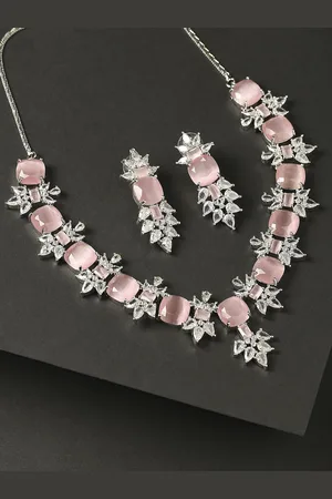 FÁBULA Opal American Diamond Square Drop Pendant Necklace Set with Drop Earrings