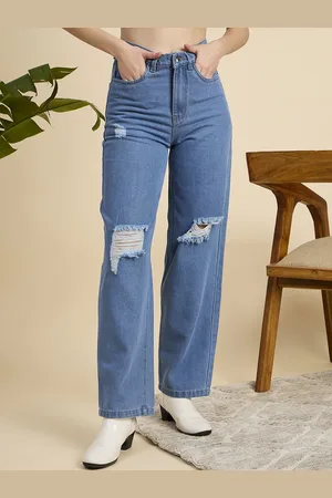 Mast & Harbour Women Classic Straight Fit High-Rise Highly Distressed Cotton Jeans