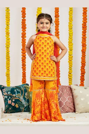 Vastramay Girls Ethnic Motifs Printed Halter Neck Gotta Patti Kurti With Sharara & Dupatta