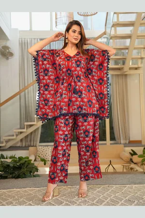 Aujjessa Women Red Printed Cotton Maternity Feeding Kaftan Co-Ords