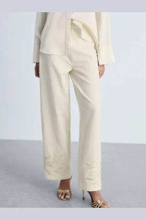 MANGO Women Conversational Embroidered Cotton-Linen Straight Fit High-Rise Trousers