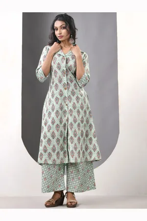 Charukriti Floral Printed Lapel Collar Pure Cotton A-Line Kurta With Palazzos