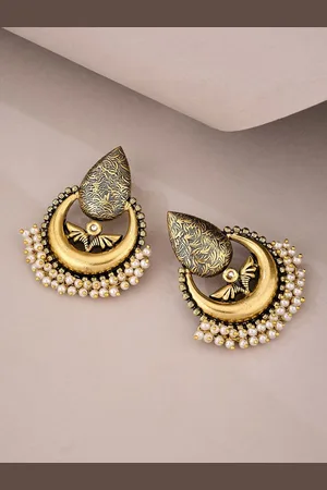 ATIBELLE German Silver Plated Kundan Stones Studded & Beaded Drop Earrings