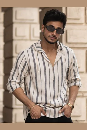 Powerlook Men Vertical Striped Hooded Casual Shirt