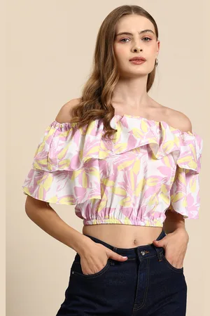 Mast & Harbour Floral Print Off-Shoulder Ruffles Bardot Top