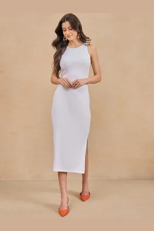 Color Capital Women Round Neck Slits Sheath Midi Dress