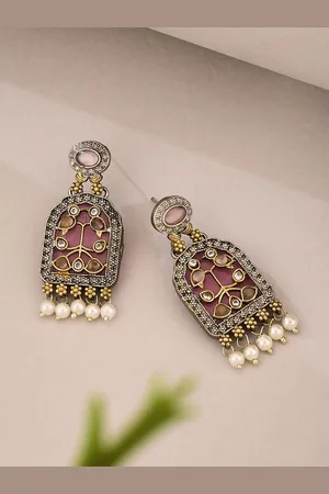 ATIBELLE German Silver Plated Artificial Stones Studded & Beaded Drop Earrings